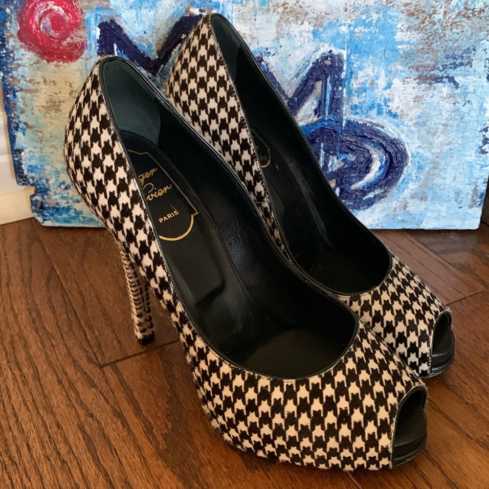 Roger Vivier Calf Hair Leather Houndstooth Stiletto Heels ๐ Hidden Platform - Picture 12 of 15